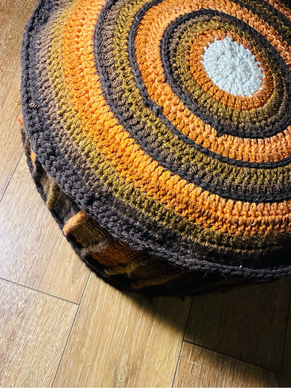 Handcrafted Round Crochet Pouf - Orange, Brown & Cream
